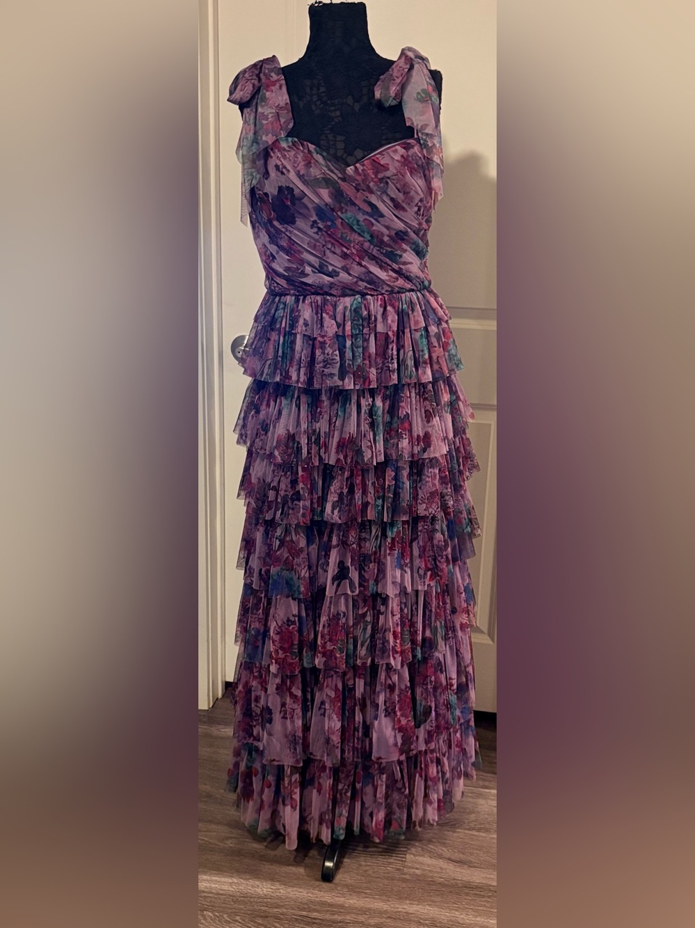 Lace & Beads Petite bow shoulder tulle maxi dress Purple abstract print Size 16